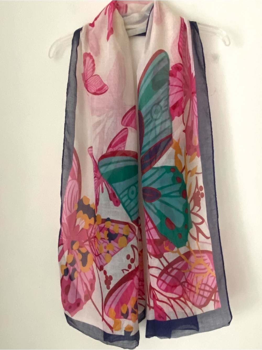 Like New! Floral Butterfly Scarf Pink Teal Blue Lightweight Wrap Long Scarf